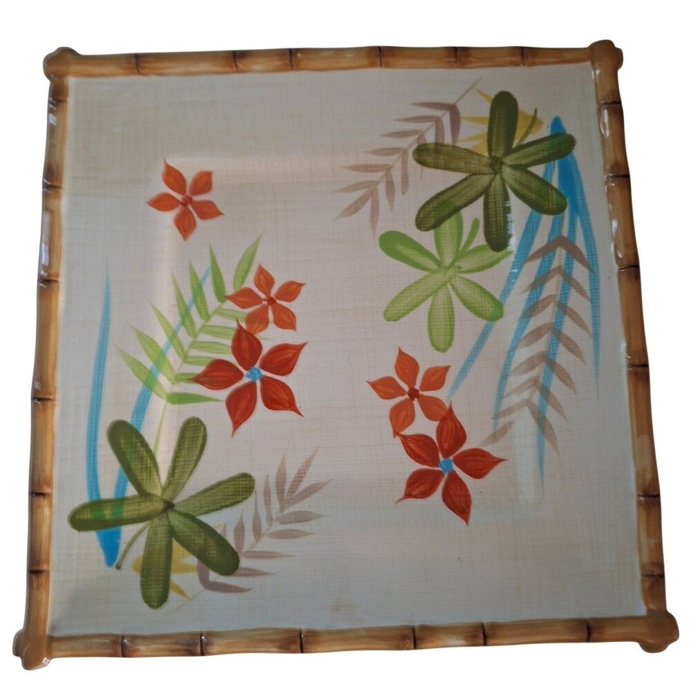 Ipanema Square Platter Tropical Floral Bamboo Rim Cream Excellent Target Home